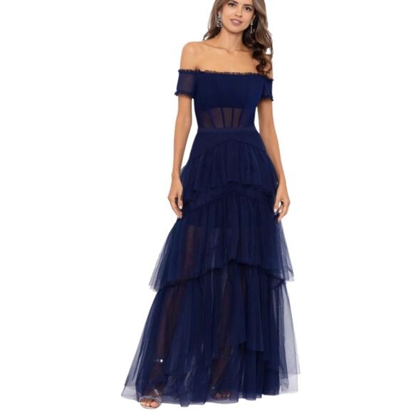 Betsy & Adam Navy Blue Off-Shoulder Formal See Through Corset Prom Dress - Picture 2 of 16